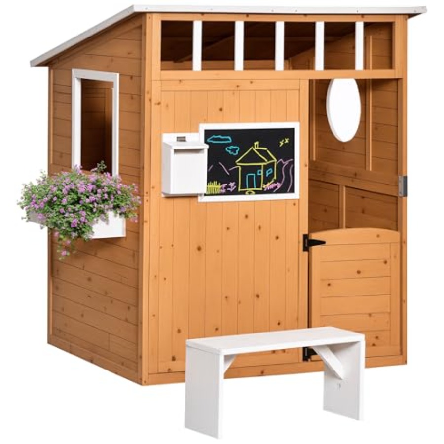 Kids Outdoor Bench - Outdoor-Holzspielhaus für Kinder mit funktionierender Tür,