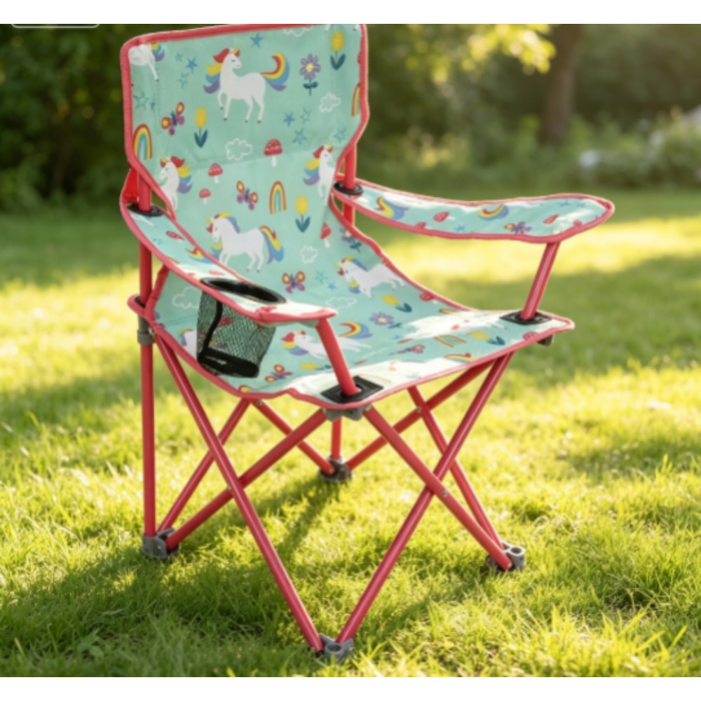 Kids Unicorn Outdoor Chair - Tragbarer Kinder-Klapp-Campingstuhl mit Sicherheitsverschluss, Einhorn-Print, Kindersitz