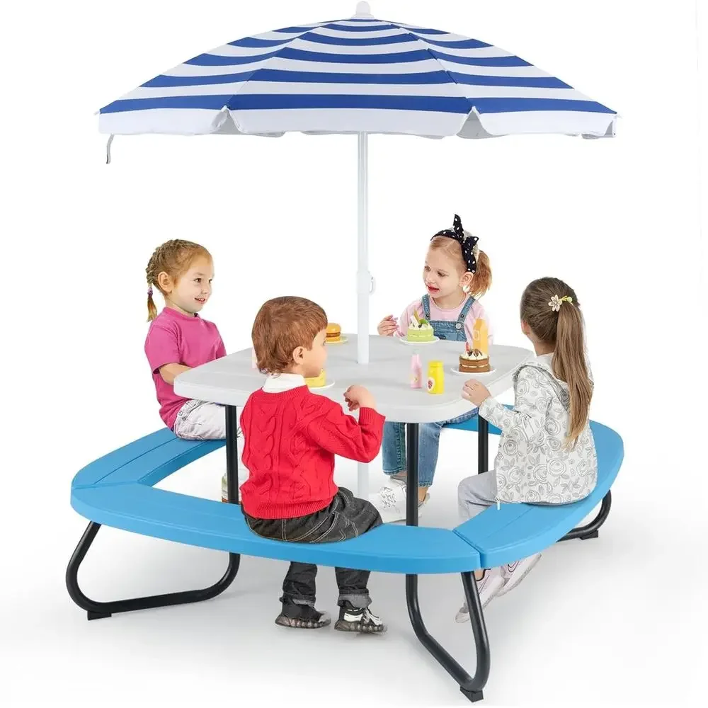 Kids Outdoor Bench - 8-Personen Kinder-Picknicktisch mit Sonnenschirm, Kleinkind-Aktivitätstisch, 4