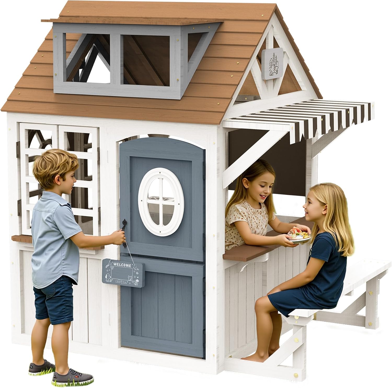 Kids Outdoor Bench - Albott Kinder-Outdoor-Holzspielhaus mit Küchenset | Gartenhaus